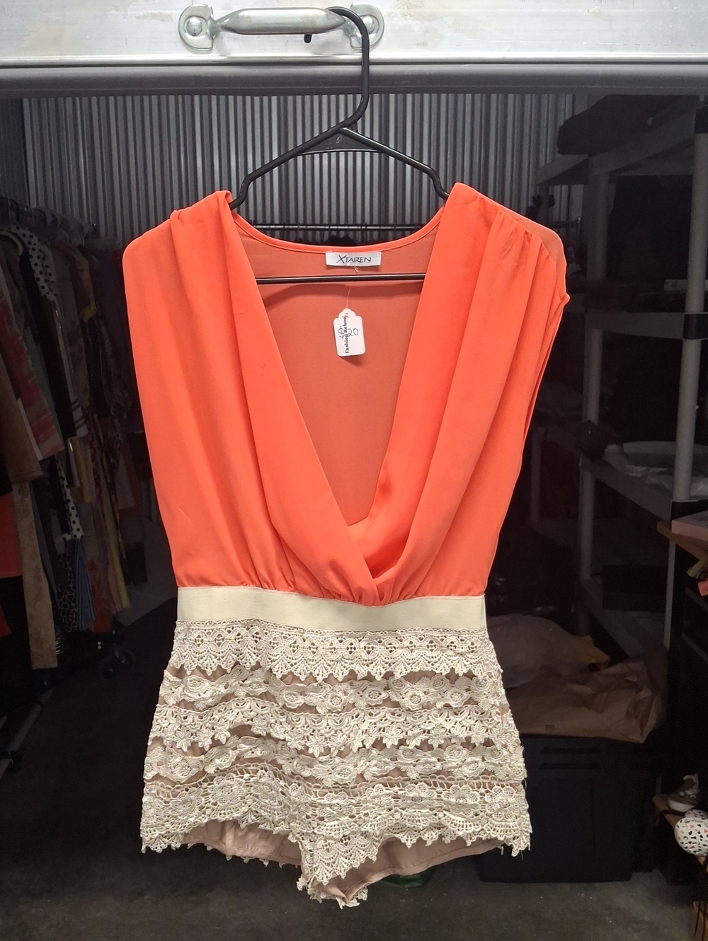 Xtaren Orange V-Neck Lace Tiered Romper
